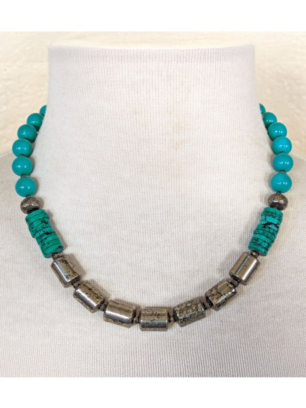 Rustic Southwestern Turquoise Blue & Gold Pyrite Statement Necklace